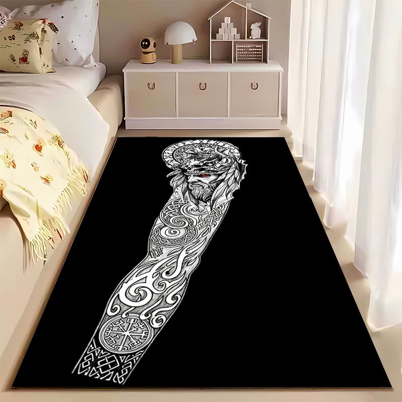 Area Rug, Norse Viking Warrior Tattoo Runes Raven Red Eye Black White Print, Man Cave Decor, Non-Slip Mat