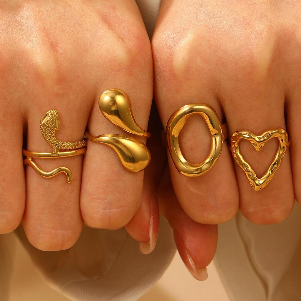 European & American Fashion Stainless Steel Geometric Water Drop Heart Snake Open Ring for Women