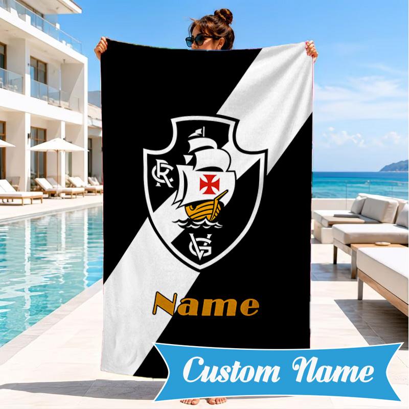 Custom Name Beach Towel Vasco Football Crest Emblem Microfiber Beach Towel, Lightweight for Summer Travel, Swimming Pool Fan Birthday Gift