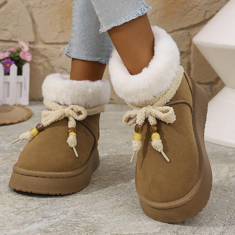 Thick Bottom Fur Winter Snow Boots Woman Casual Bowknot Non Slip Cotton Padded Shoes Woman Short Plush Platform Ankle Boots
