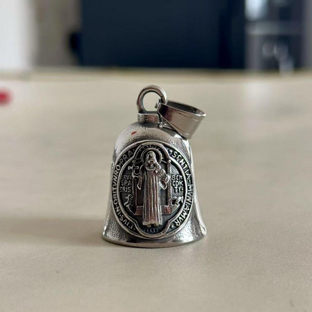 Saint Benedict Motorcycle Guardian Bell Retro Biker Good Luck Charm Religious Cross Key Chain