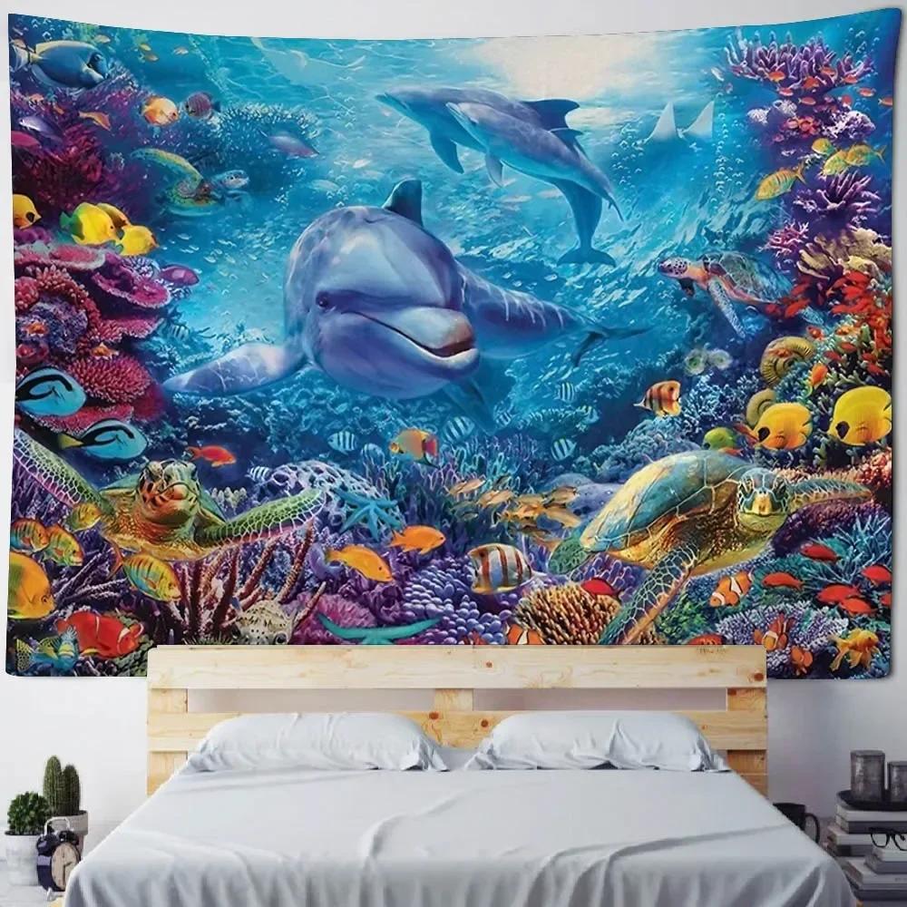 Underwater World Tapestry Wall Hanging Dolphin Shark Seaweed Art Print Tapestry Cartoon Home Sheets Bedroom Wall Decoration