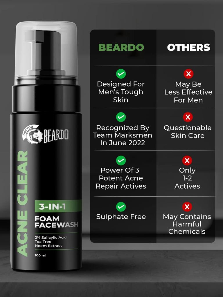 Beardo Acne Clear Foam Face Wash 100ml Pack of 1 | 3-in-1 Anti Acne Face Wash for Men with Salicylic Acid