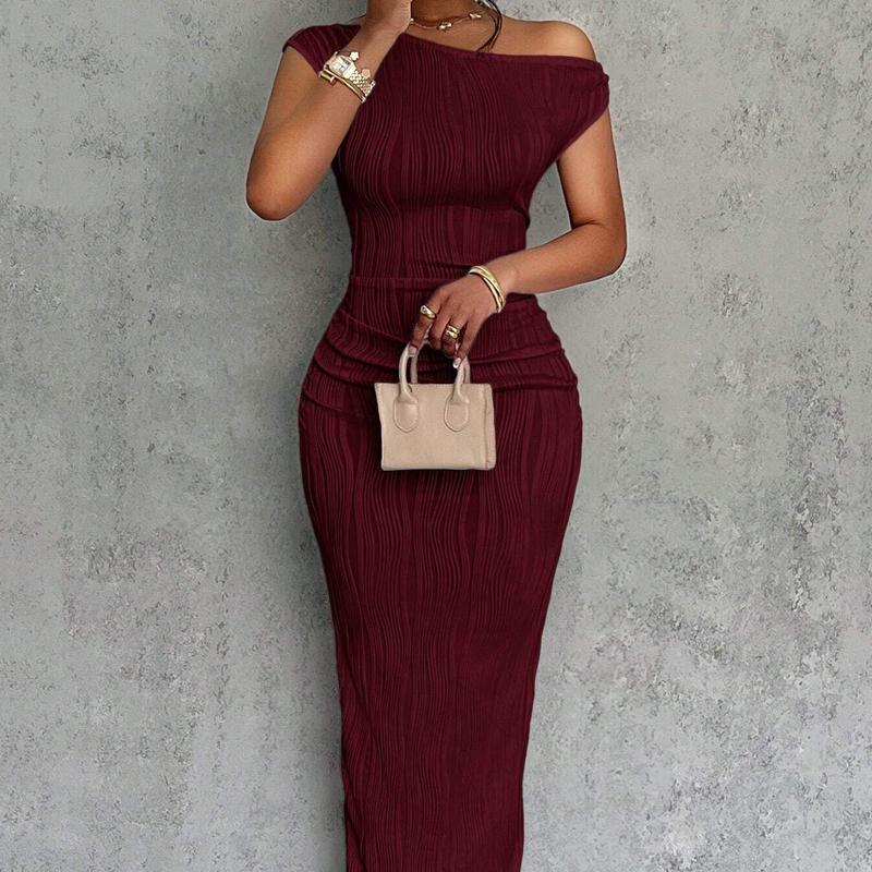 

2025 новое сексуальное модное платье с диагональным плечом с волнообразным узором, в горошек, полосатое, облегающее, элегантное, женская длинная юбка R-88109 XXL бордовый