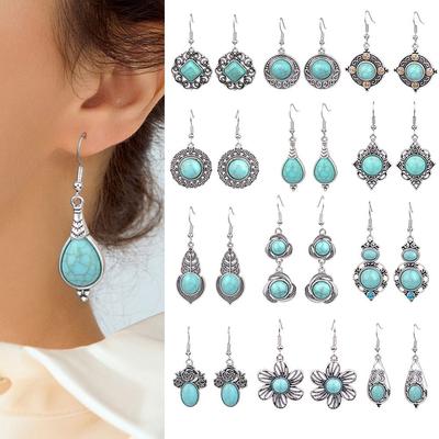 3pair Silver Color Dangle Earrings Carved Drop Earrings Vintage Turquoises Earrings Set  Ladies