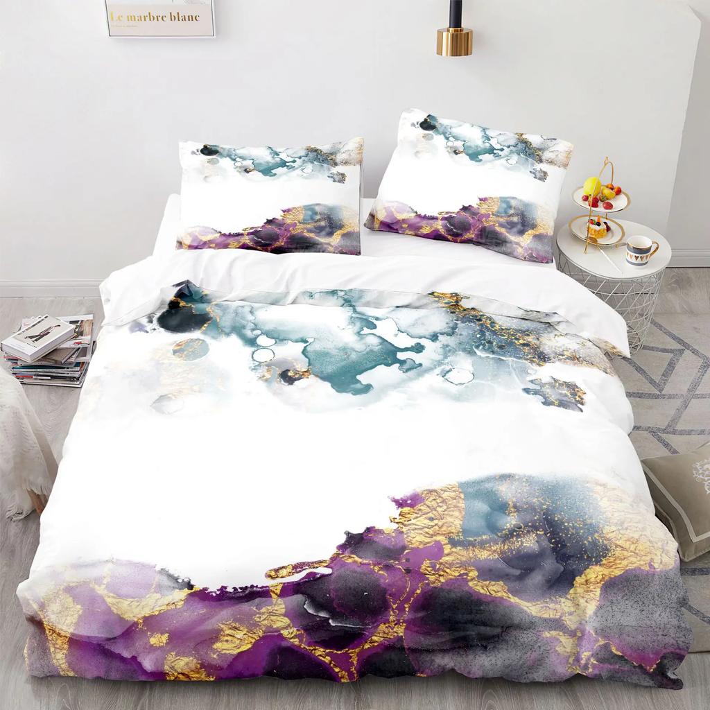Modern Gold Blue Marble Soft Duvet Cover Women Kid Gift Gliter Abstract Marble Luxurious Ink Plus Wash Art Theme Bedrom Decorations