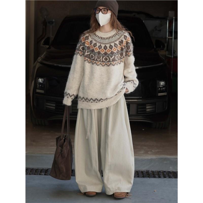 Johnature Winter Korean Style Retro Simple Elastic Waist Fleece Casual Wide-Leg Pants For Women Fashion Full Length Pants