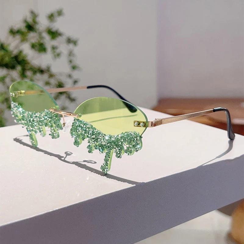 Rimless Tear Shaped Sunglasses with Rhinestones Women Fashion Decorative Shades Trendy Stylish Design Rave Sun Glasses