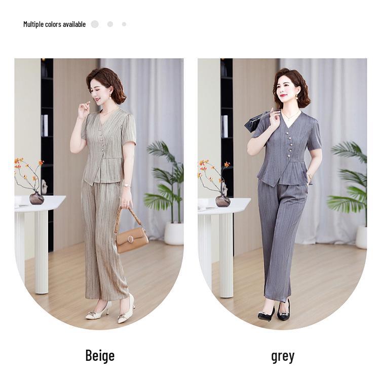 Women's Summer Slimming Two-Piece Set: Short Sleeve Blouse & Wide-Leg Pants