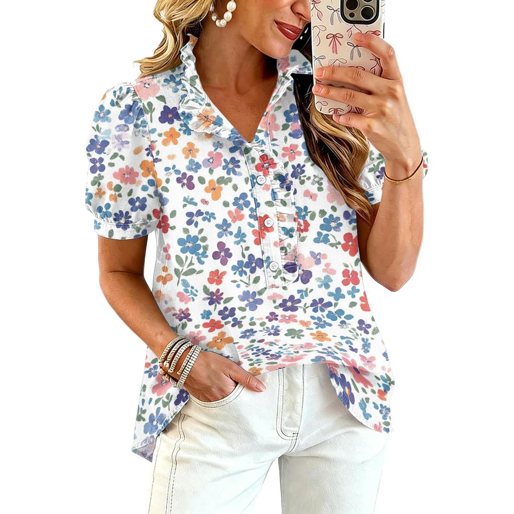 Blusa Stampata da Donna con Volant Scollo a V Manica Corta Casual Vestibilità Larga Bottoni Top Leggero per l'Uso Quotidiano