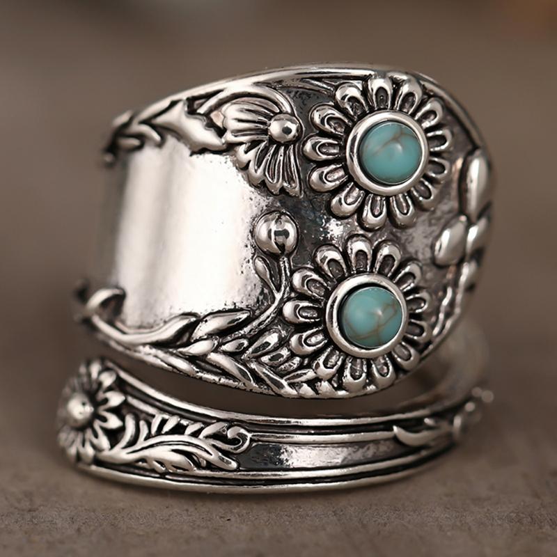 

Huitan Vintage Flower Opening Rings with Imitation Turquoise for Women Anti Copper Color Elegant Lady Accessories Party Zircon resizable