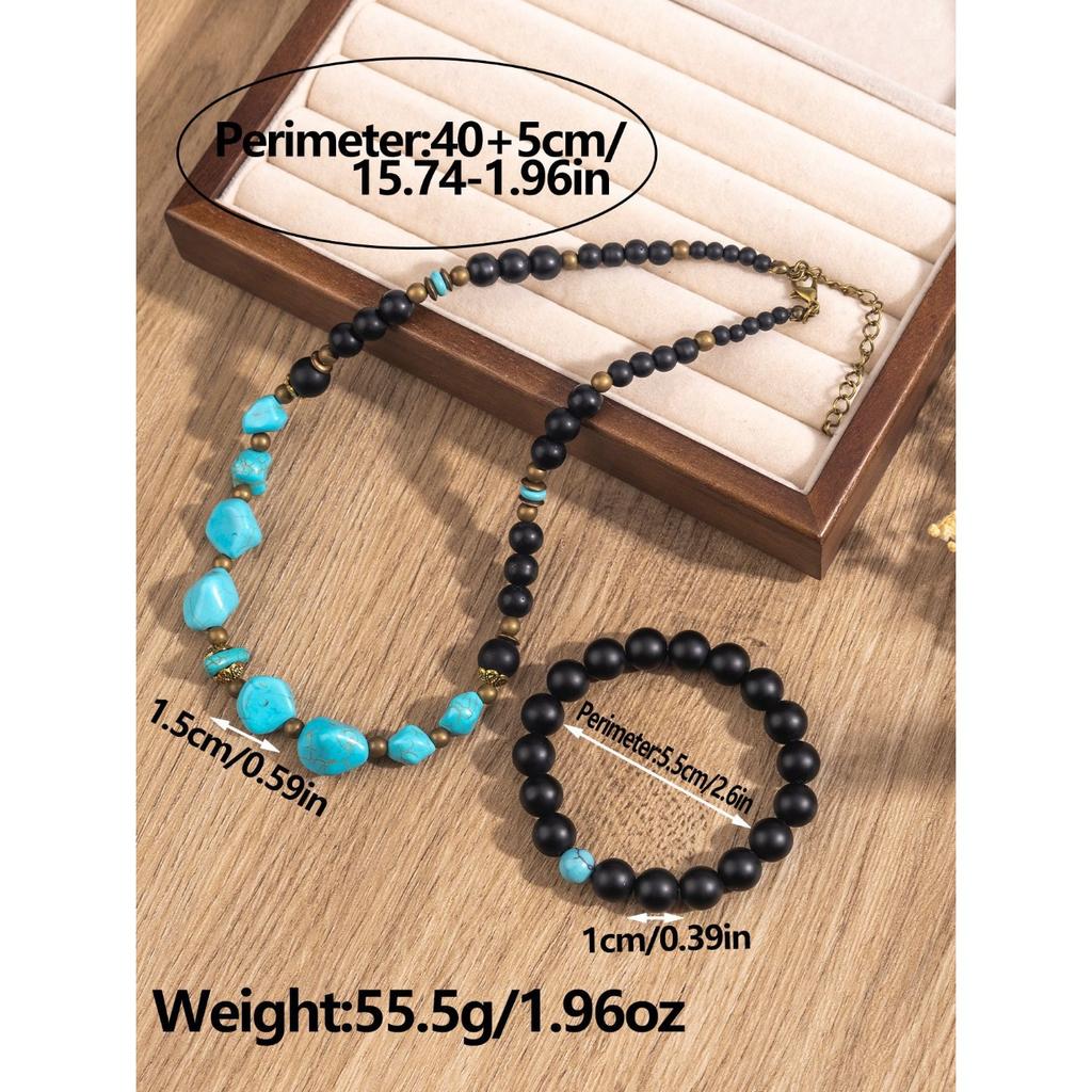 Natural turquoise necklace, Bohemian, black frosted turquoise necklace, accessory, necklace bracelet set