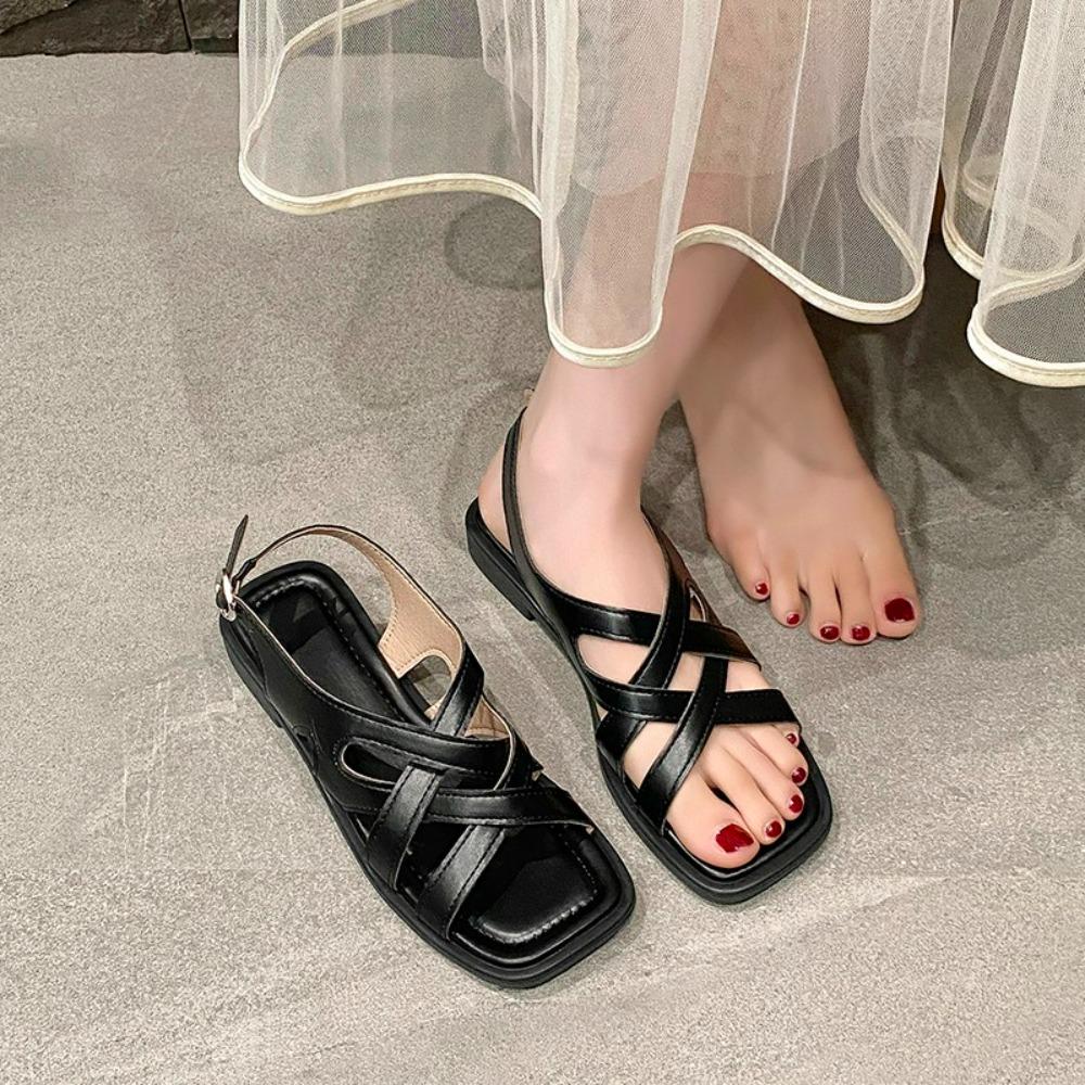 Sapatos Femininos Bebealy Primavera Nova Moda Sandálias Versão Coreana Retrô Borracha Trançada Salto Baixo Bico Quadrado Chinelos de Praia Sapatos Romanos