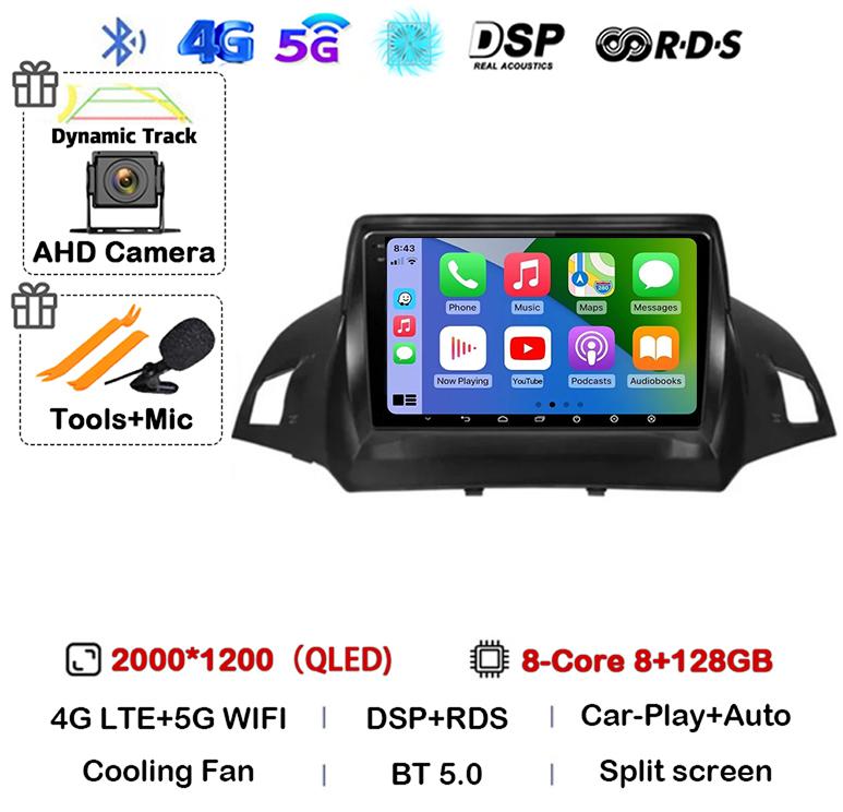 Radio multimedia con Android 14 y Carplay para Ford Kuga Escape 2013, 2014, 2015 y 2016, reproductor de vídeo, GPS, estéreo, 4G, WIFI, unidad principal