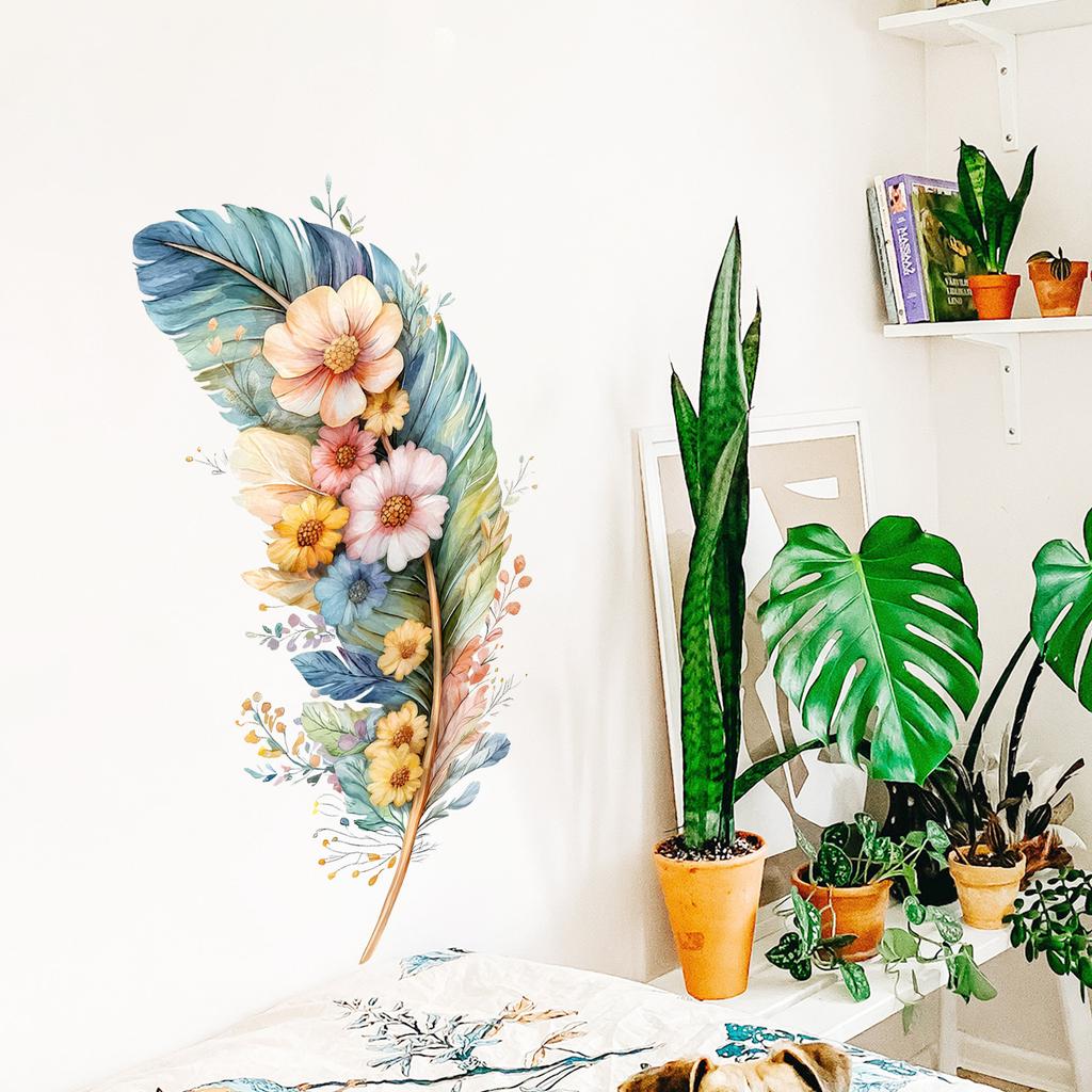 Feather Bouquet Wall Stickers, Removable Self-Adhesive Decals for Bedroom Background Door Home Decor