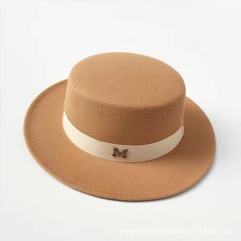 Retro British Style White Ribbon Flat Top Top Top Hat Couple Men and Women Gentleman's Hat Spring and Autumn Large Flat Brim Woolen Thermal Hat