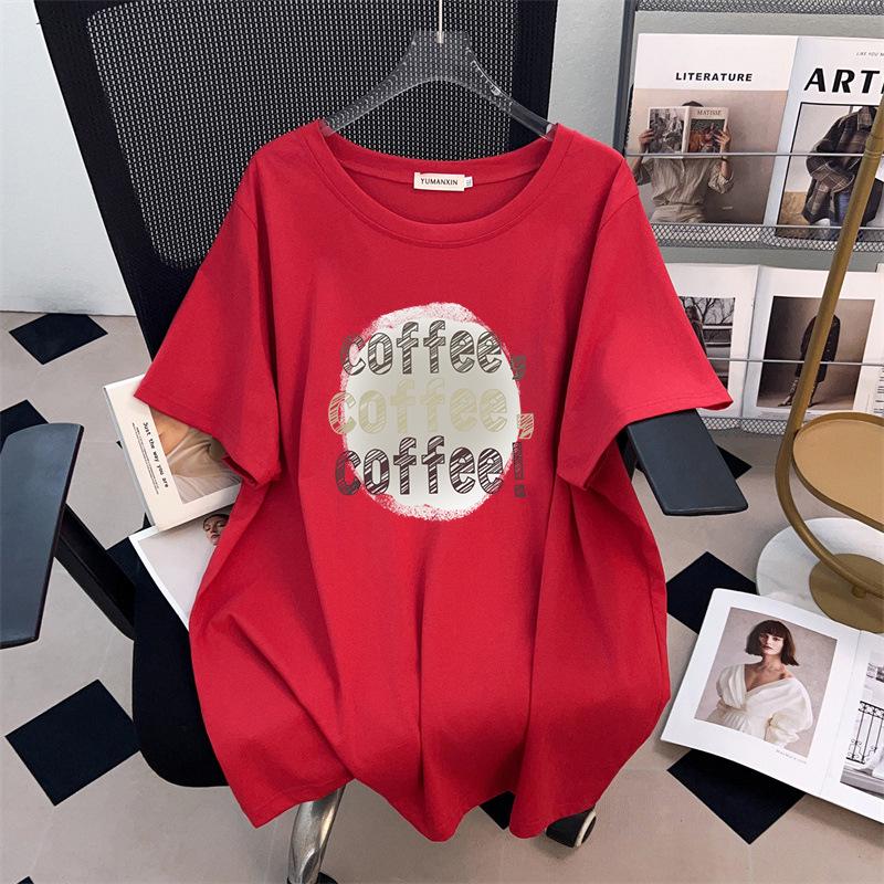 Women's Plus Size Mid-Length Loose Short-Sleeve Slimming T-Shirt (Sizes 200-350 Jin)