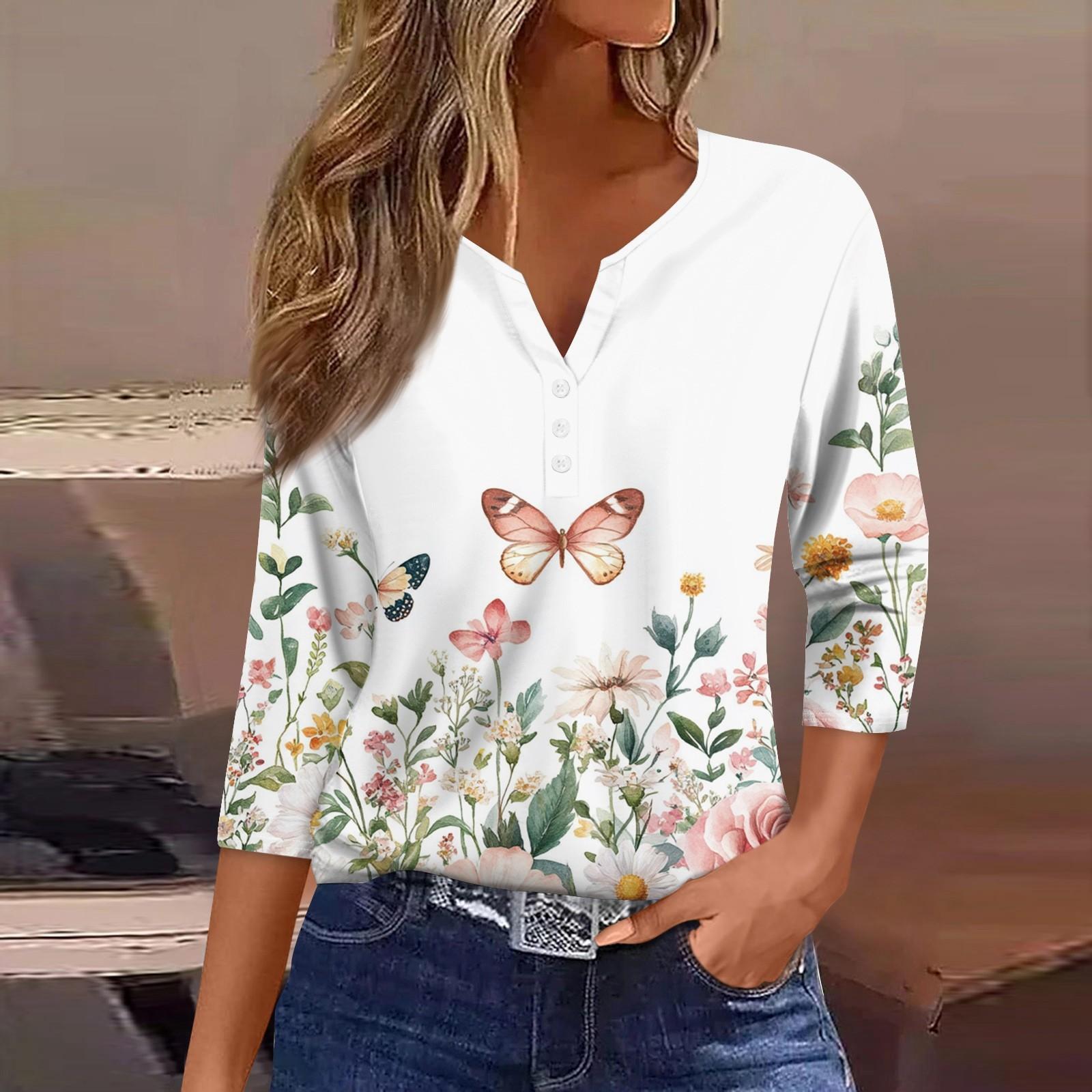 

Жен. Футболка Футболка С принтом Пуговицы Рукав 3/4 Повседневные Выходные Мода Классический Классический V-образный вырез Обычный Верх L белый