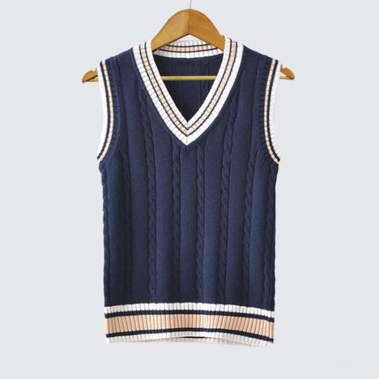 Unisex Sonbahar Kış V Yaka Kazak Yelek Kalınlaşmış Kolsuz Büküm Doku Çizgili Ekleme Kolej Tarzı Örgü Yelek