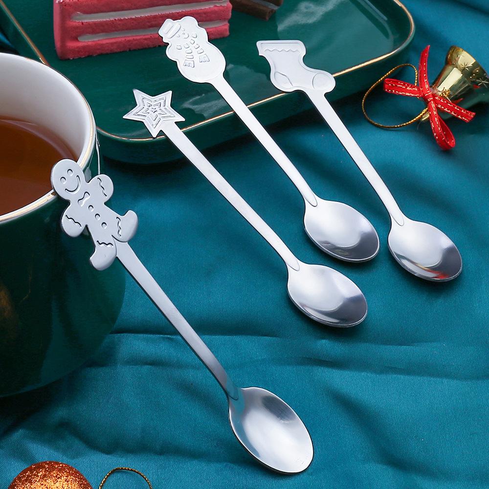 4pcs Christmas Teaspoons Coffee Spoons With Gift Box Stirring Spoons Stainless Steel Tableware Snowman Stocking Star Dessert Spoon