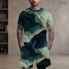 Men Plus Size Round Neck Short Sleeve Cyan Colorful Striped Printed T Shirt And Pocket Shorts Two Piece Set