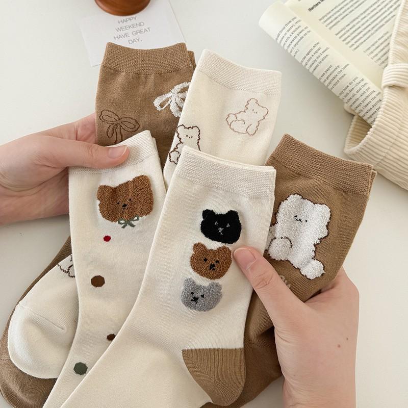 Socks Coffee Color Cute Bear Medium Tube Socks Season College Style Pure Cotton Bow Stacking Socks Women