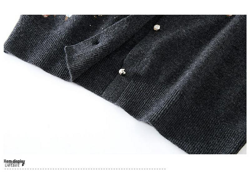 Elegant Women's Pure Wool Cardigan - Autumn/Winter Round Neck Knitwear with Embroidery for Mid-to-Old Age Mothers