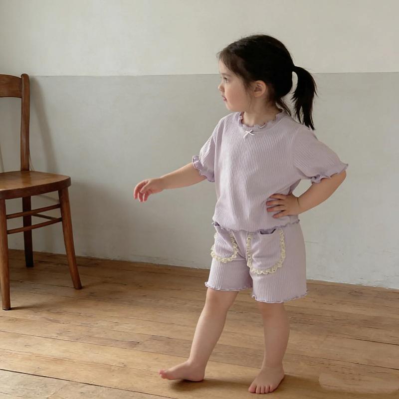 Summer 2026 New Arrival: Baby Girl Lace Pajama Set - Solid Color, Sweet Home Wear