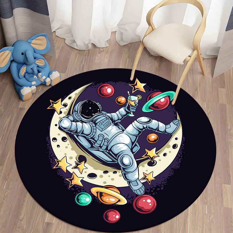 Spaceman Round Rug Cartoon Round Carpet for Living Room Kids Room Astronaut Floor Mat Children Bedroom Soft Kitchen Area Rug