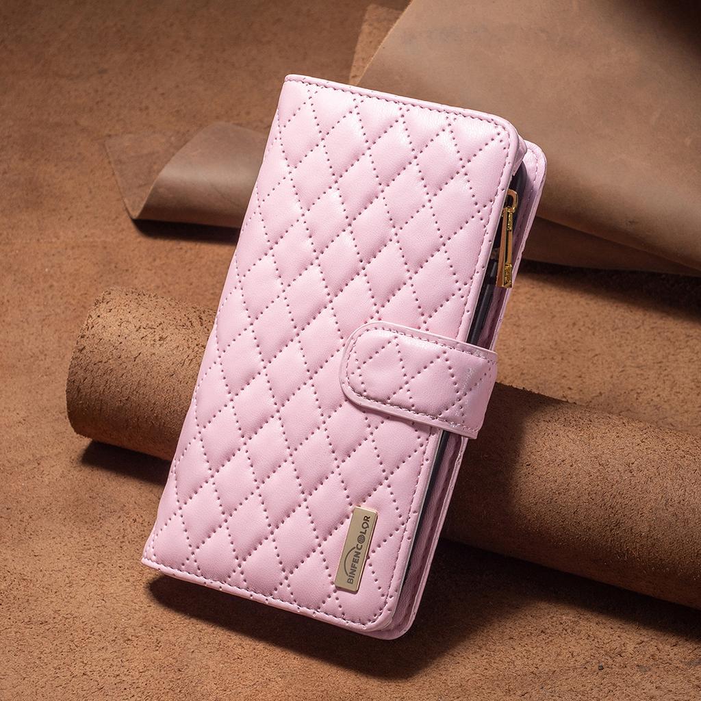 Applicable to iPhone16E mobile phone leather case 14Pro rhombus pattern small fragrant style zipper bag leather case 15plus solid color