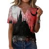 Women's Casual Halloween Printed V-Neck Short Sleeve Button Front T-Shirt