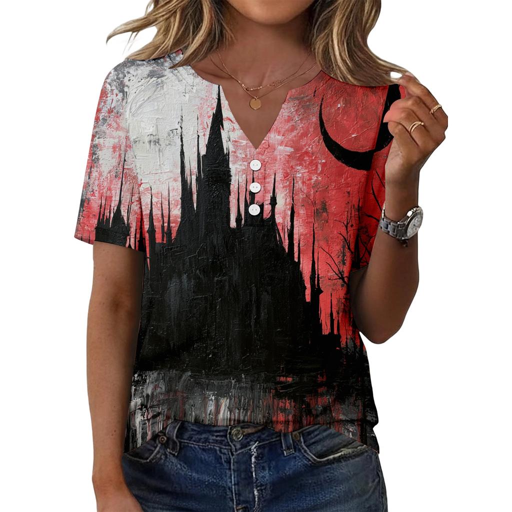 Women's Casual Halloween Printed V-Neck Short Sleeve Button Front T-Shirt