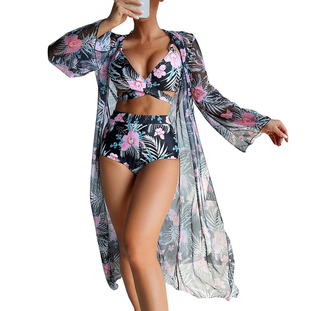 Damen-Badeanzug-Set mit sexy Split-Print und langem Rock (3 Sätze)