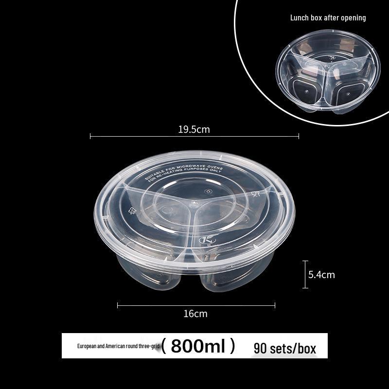 European & American Round Three-Compartment Disposable Lunch Box, Thickened Transparent Black Container for Takeaway Packaging