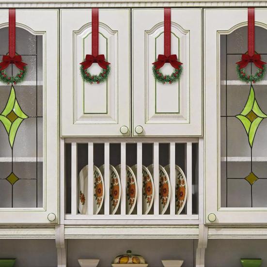 Christmas Mini Cabinet Wreath with Ribbon Bows Red Berries Artificial Small Kitchen Wreath for Window Wall Front Door Farmhouse Xmas Decor