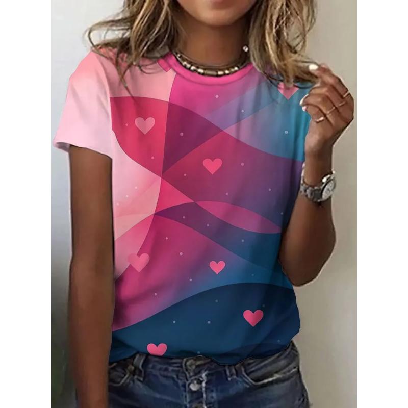 Fashion Women's Rose Love Short Sleeve Crew Neck T-Shirt 3D Rose Love Color Printing Crew Neck Short Sleeve
