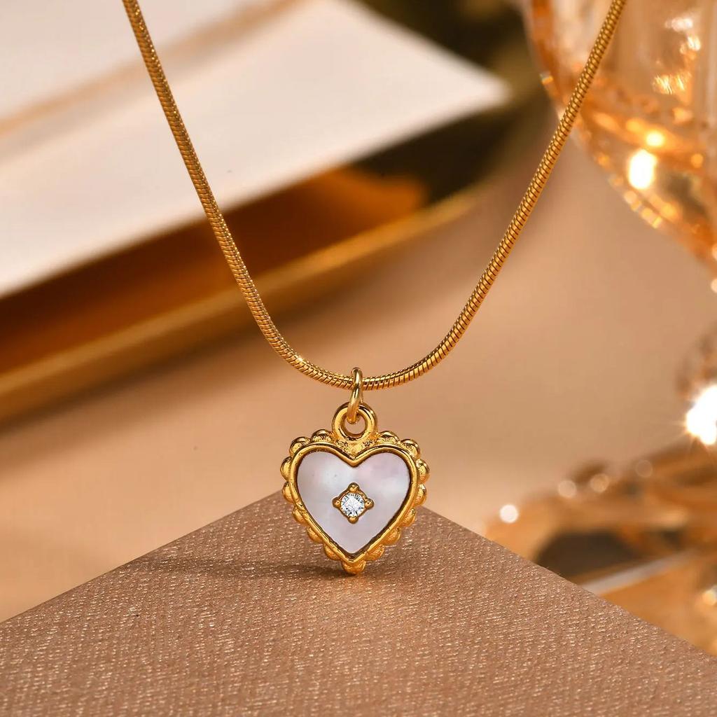 Chic Zircon Shell Heart Necklace for Women Stainless Steel Round Snake Chain Pendant Necklaces Valentine's Jewelry Gifts