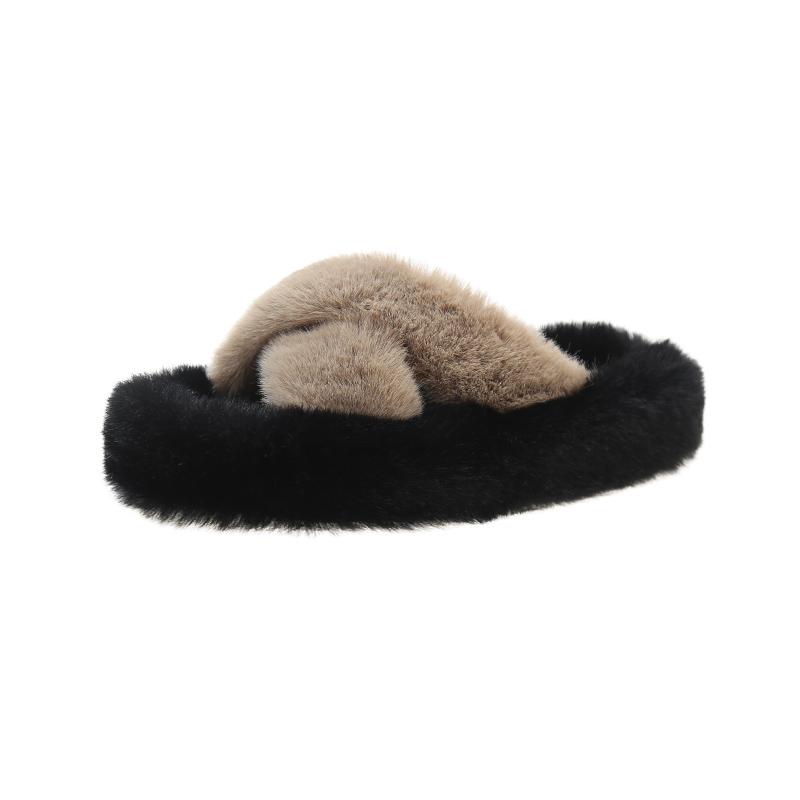 Fashion 2025 New Fashion Color Block Fur Slippers for Women Fuzzy Open Toe Indoor Slides for Woman Non Slip Warm Plush House Slippers