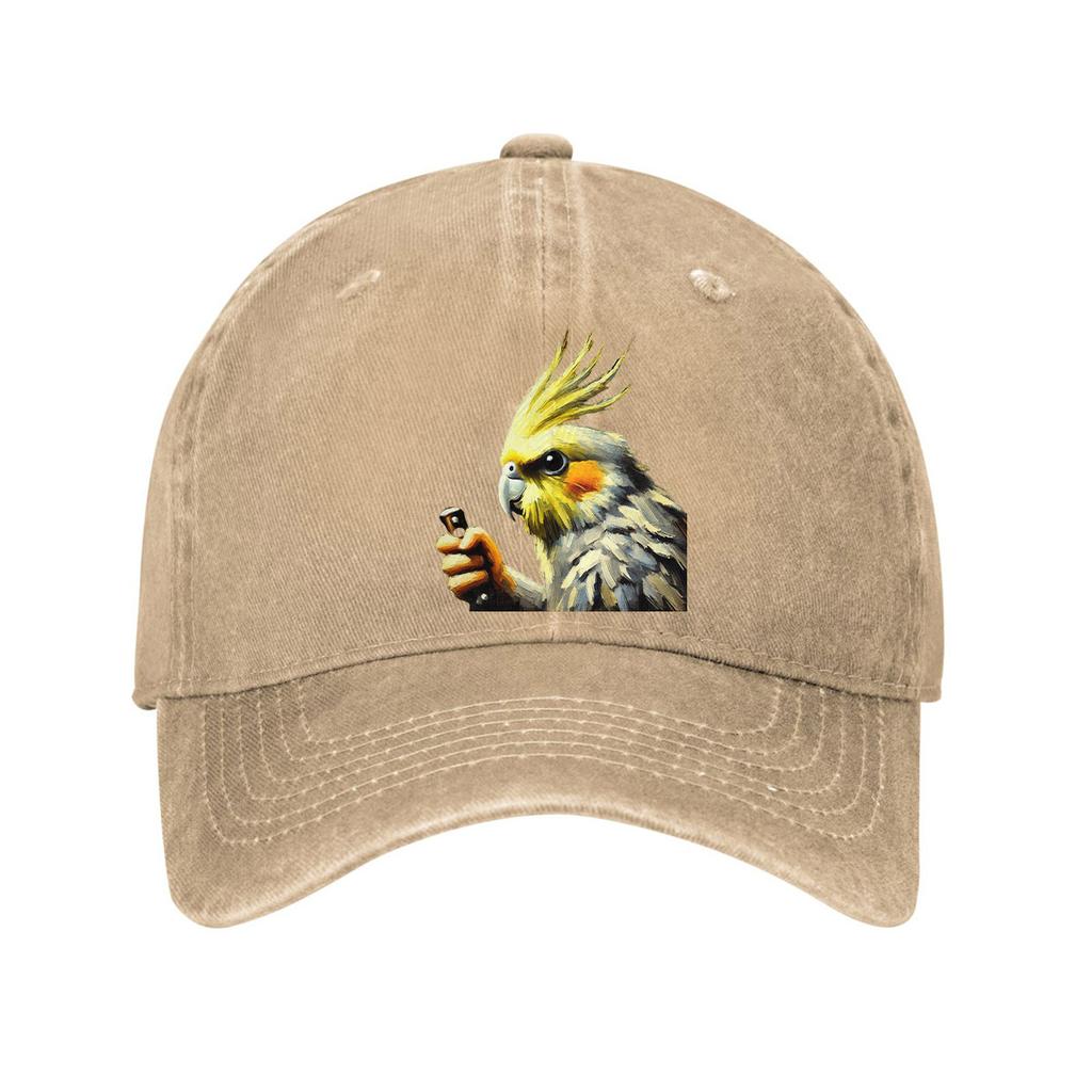 Cockatiel Bird Holding Small Object Washed Cotton Baseball Cap Casual Outdoor Adjustable Dad Hat