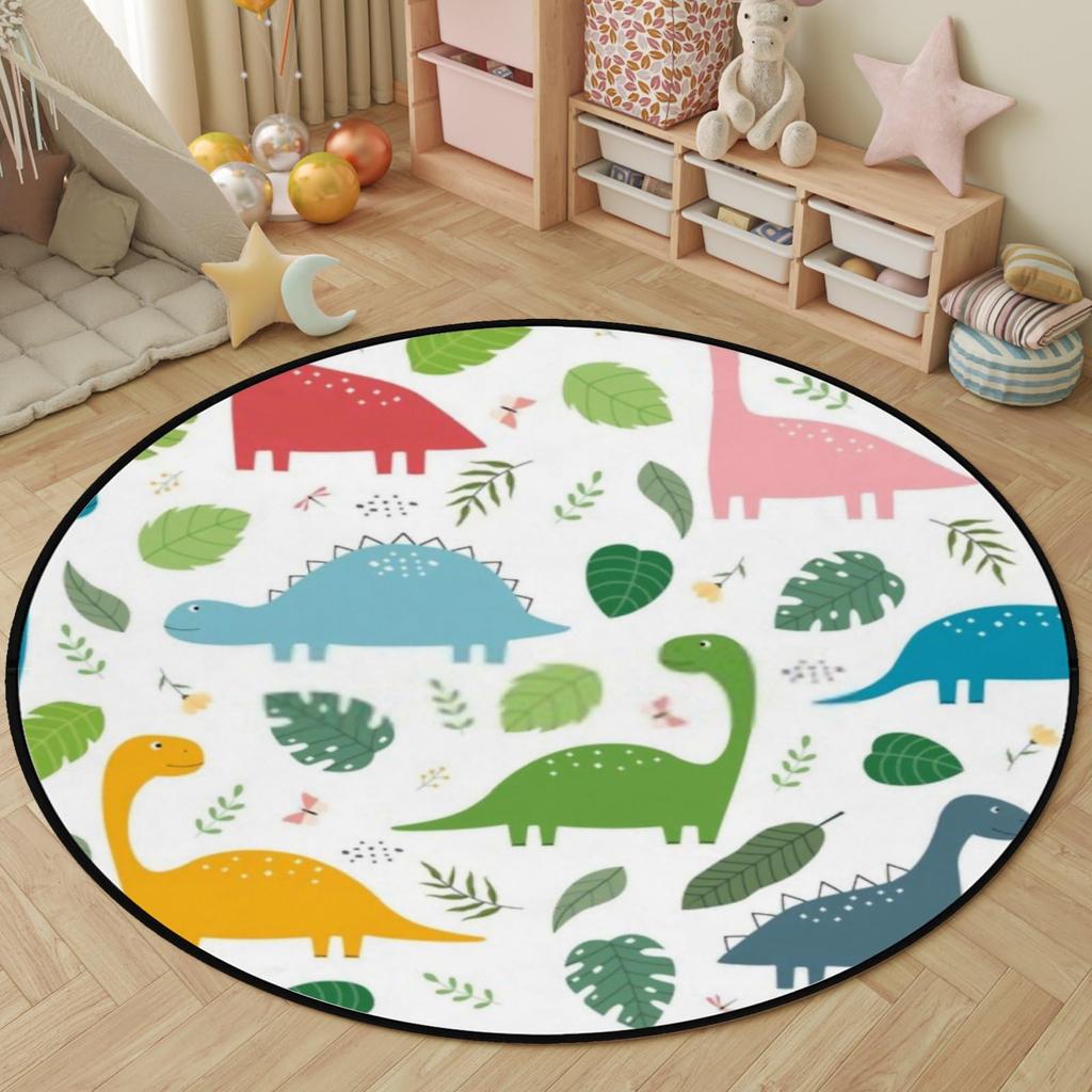 Cartoon Dinosaur Round Carpet Cute Dino Circle Rug for Living Room Playroom Office Laundry Decor Non-slip Comfort Play Yoga Mat