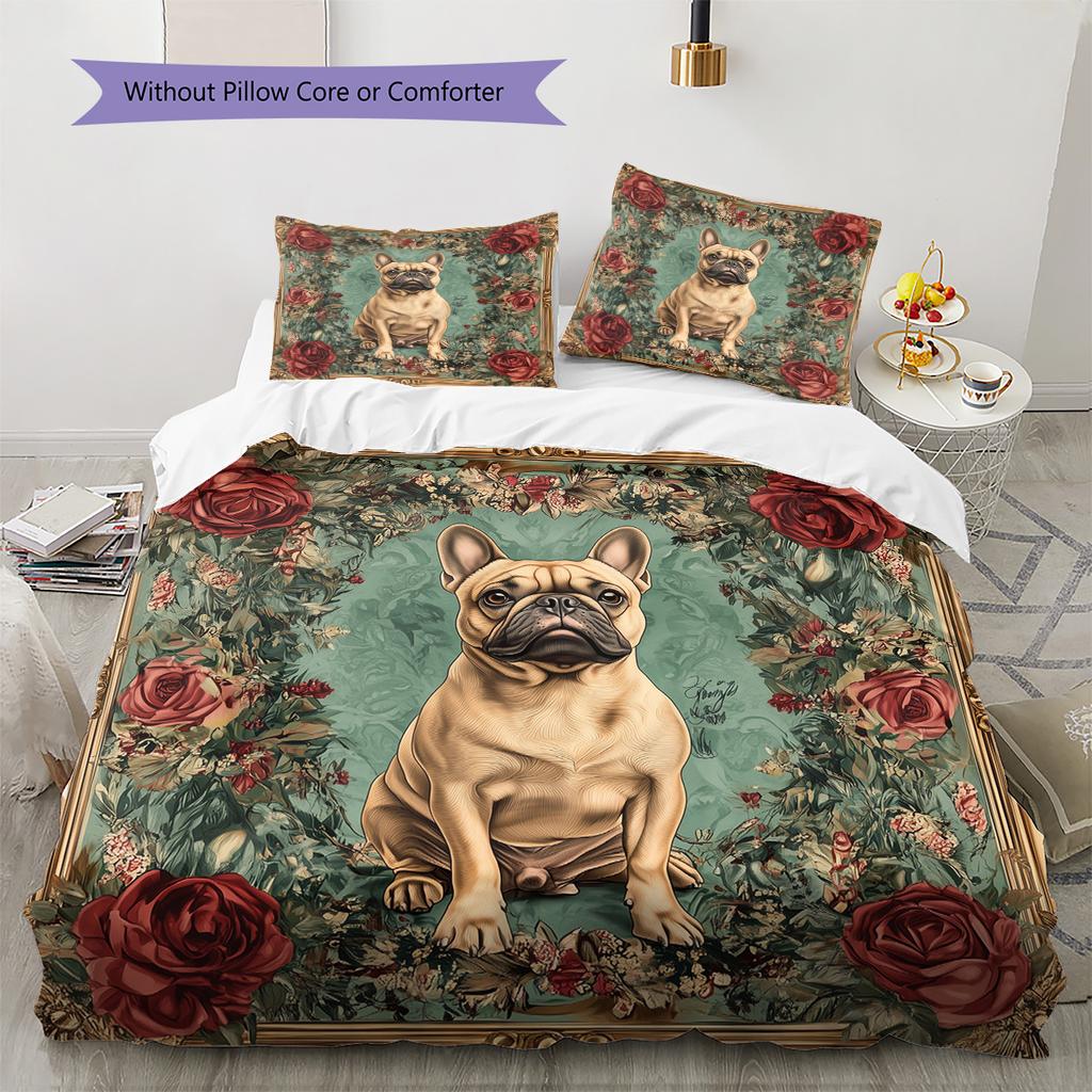 Cats and Dogs with Roses  Pattern Bedding Quilt Set  Home Decoration  Gift (1 * duvet cover + 2 * pillowcase, without core)