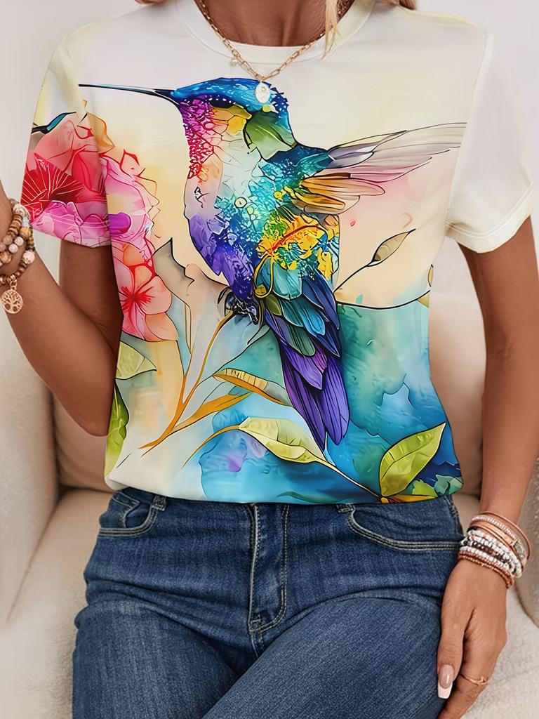 Lady Funny Tops Crew Neck Short Sleeve Vivid Peacock Print T Shirt Women's Outfits Casual Streetwear Fashion Tees Summer Clothes