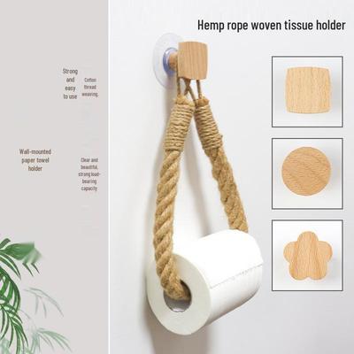 Handmade Woven Hemp Rope Tissue Holder with Solid Wood Roll Paper Rack