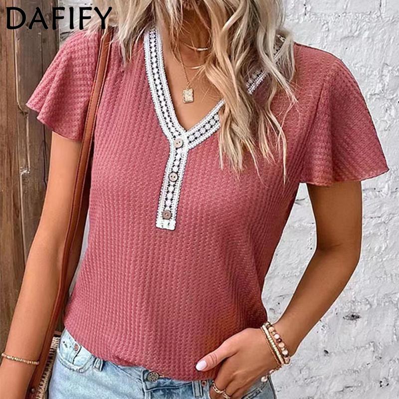 

DAFIFY женские модные повседневные летние однотонные футболки и топы с короткими рукавами и v-образным вырезом с принтом S