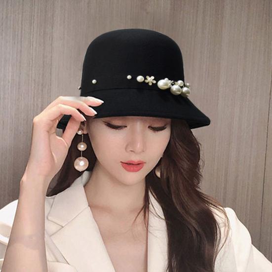 Top Hat British Style Faux Pearl Decor Down Brim Sunshading Round Top Decorate Retro Vintage Women Cloche Hat for Church