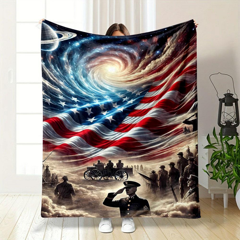 Swirling galaxy blends with an American flag above military figures. for all seasons blanket lunch break throw gift