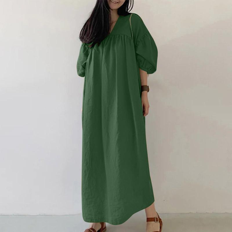 

ZANZEA Женское повседневное однотонное длинное платье с V-образным вырезом и рукавами 3/4 свободного кроя S темно-зеленого