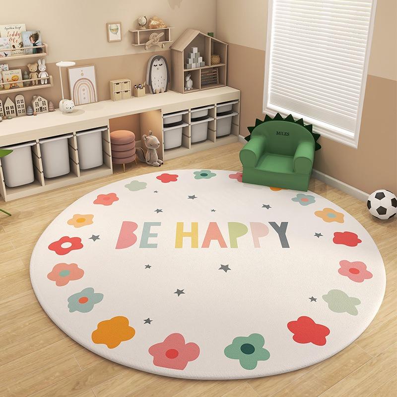 Cheerful Colorful Alphabet Flower Round Rug Soft Plush Non-slip Educational Kids Room Play Area Nursery Home Decor Mat Bedroom