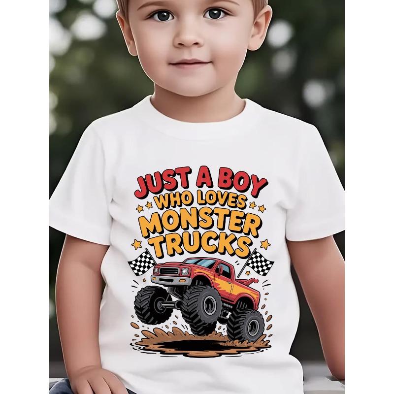 European sizes Boys' "JUST A BOY WHO LOVES MONSTER TRUCKS" T-Shirt - Monster Truck Print Short Sleeve Tee with Round Neck, Casual Summer Top
