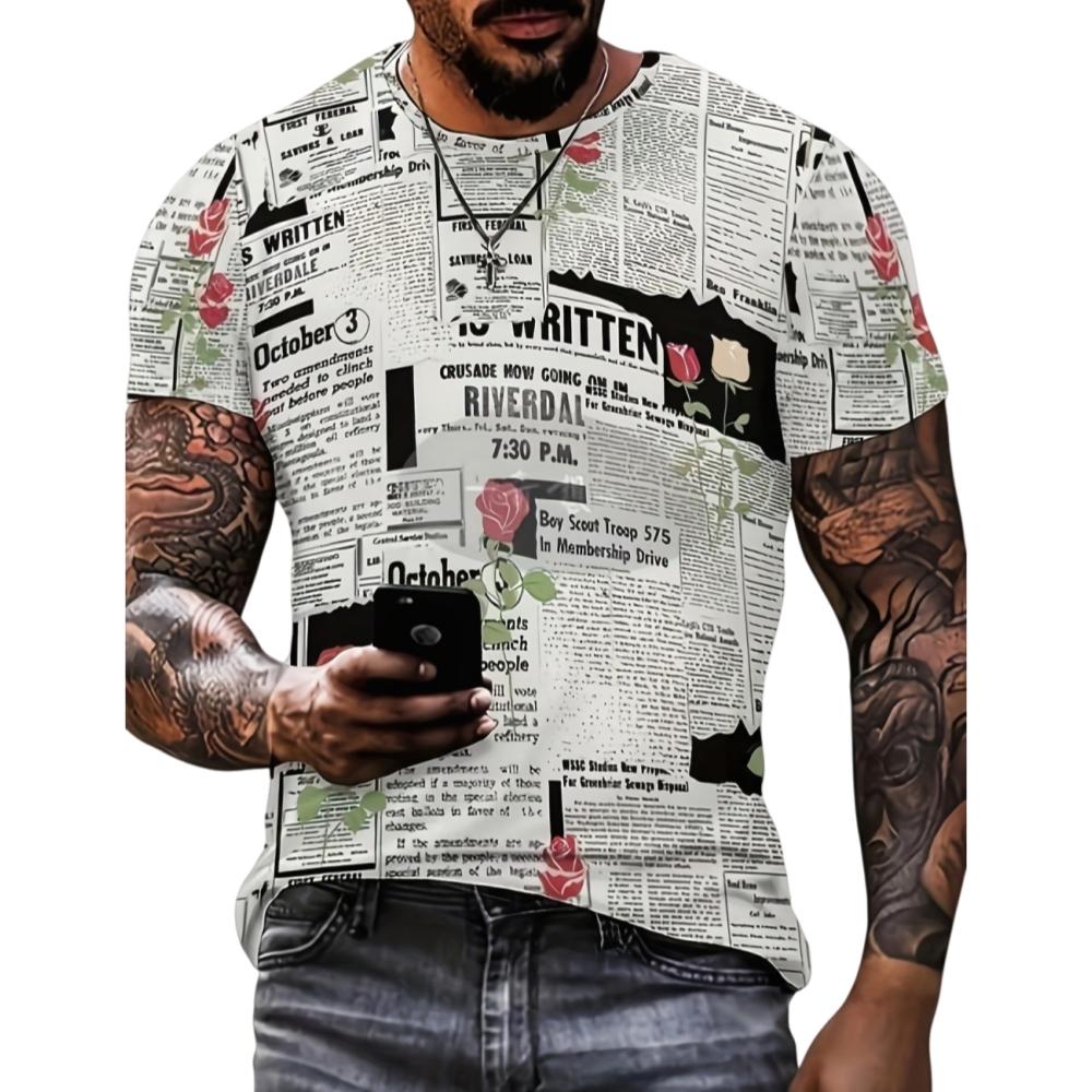 Herren T-Shirts Alte Zeitung 3D-Druck Herren Sommer Lässig Mode Hip Hop Lustig Kurzarm Neue Streetwear Vintage T-Shirts Oberteile Hemd